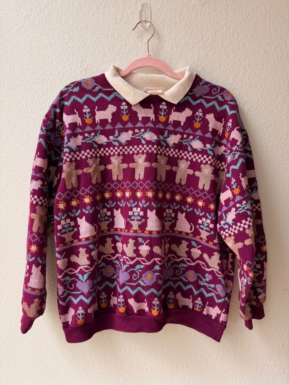 Vintage Cat Dog Collared Sweatshirt Cottagecore Grandma Core Knit Pullover Small